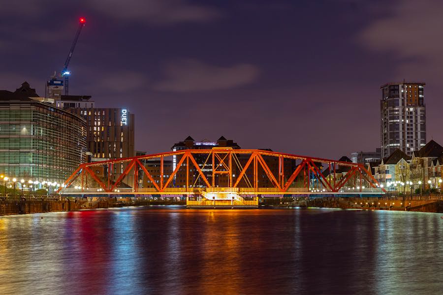 the red detroit bridge in salford quays manchester england united kingdom